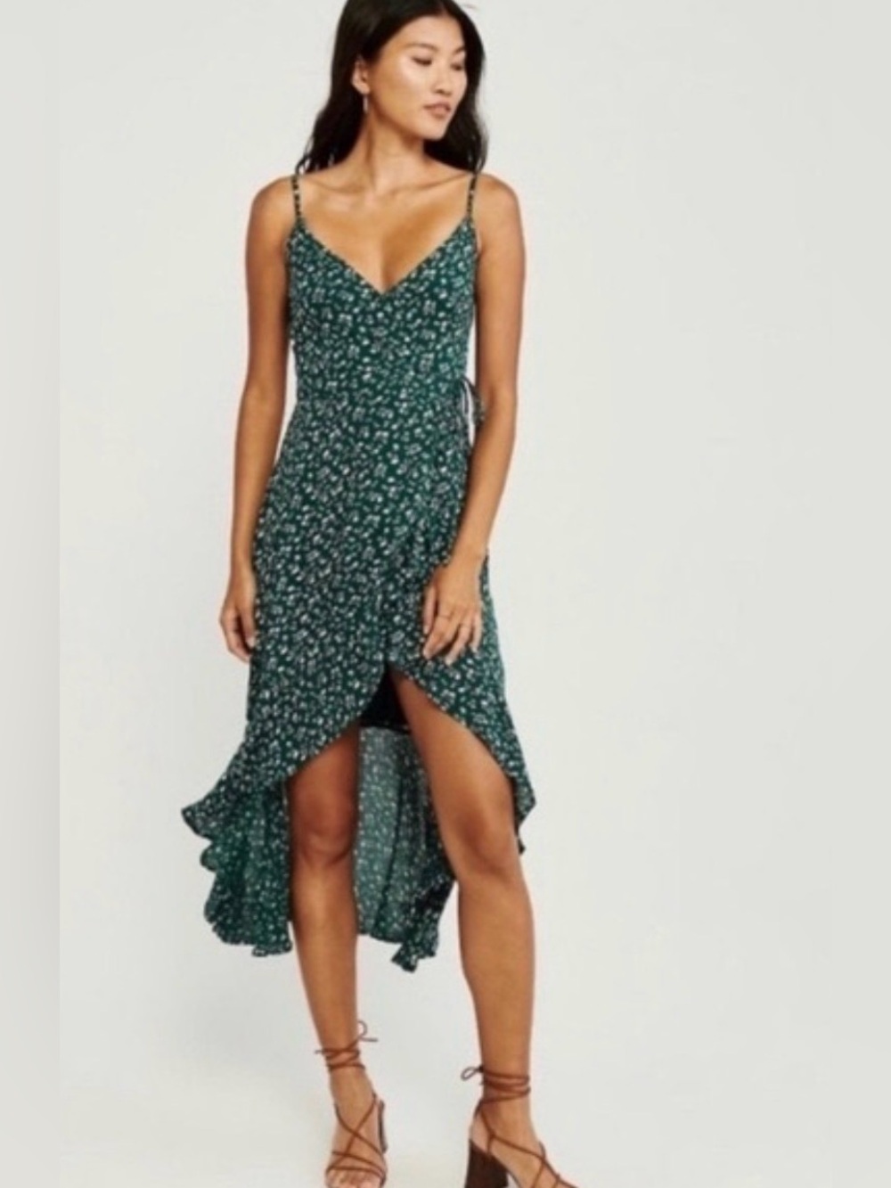 Abercrombie & Fitch Dark Green Floral High-Low Wrap Dress